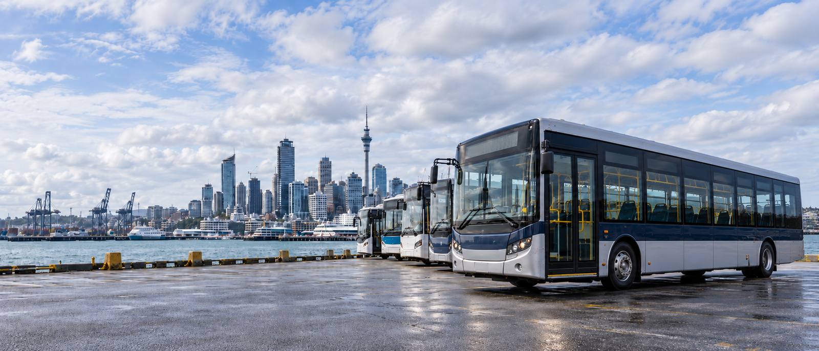 Line of buses on the Auckland waterfront with the city skyline behind