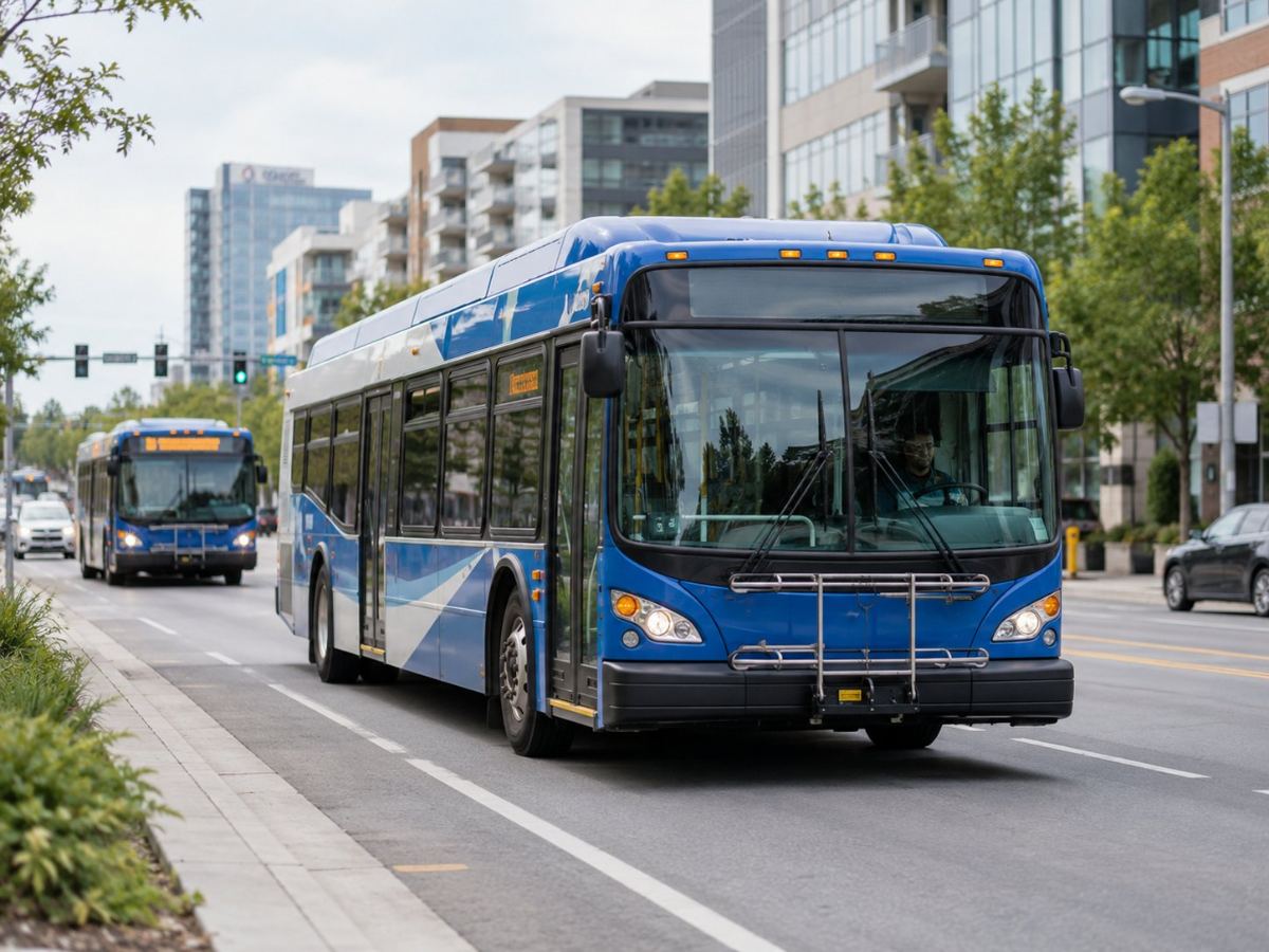 Blue city bus on an urban street