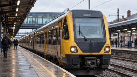 Yellow passenger train at a station platform