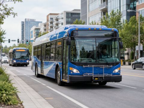 Blue city bus on an urban street